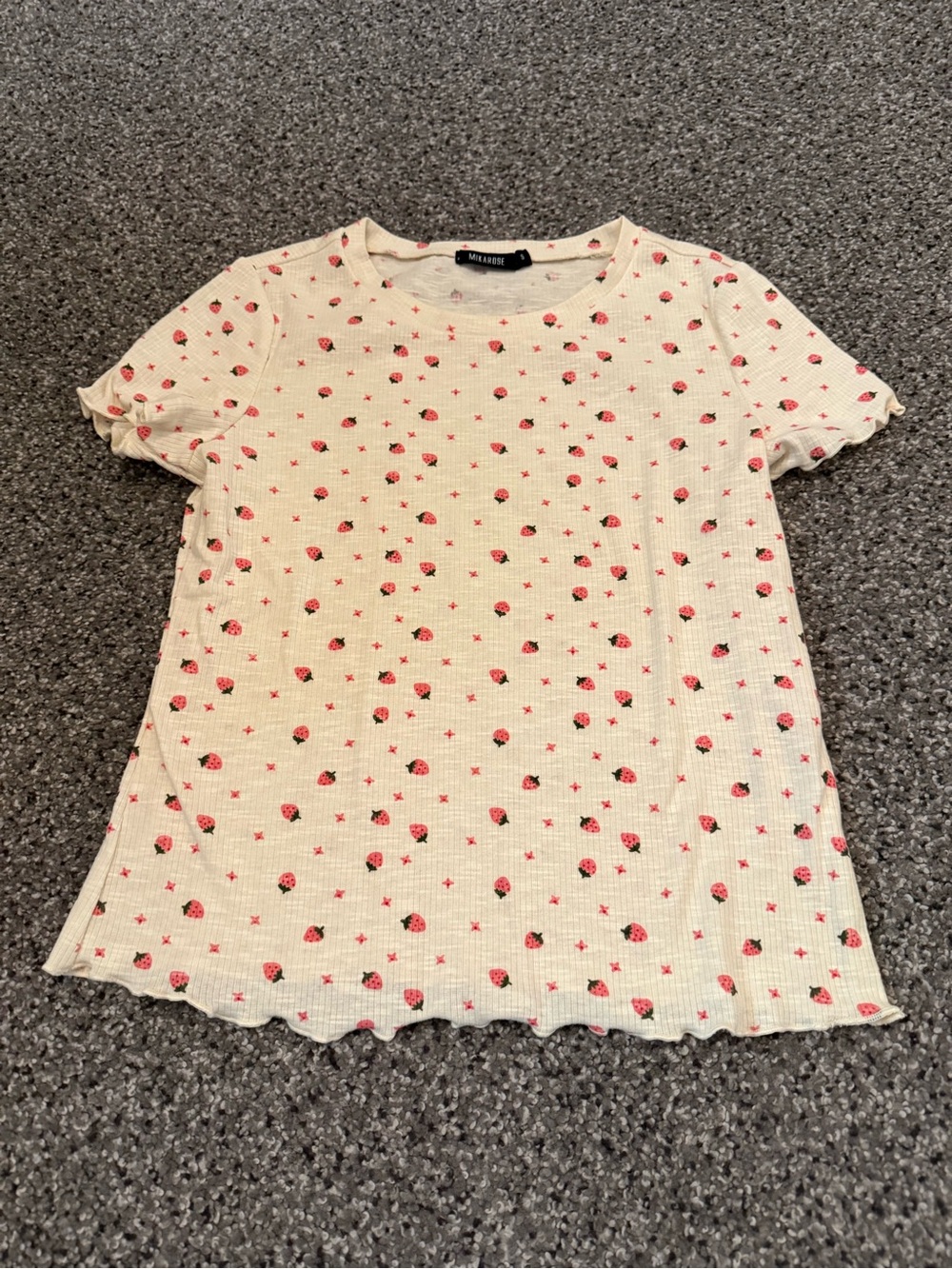 Mikarose Cream Ribbed Tee with Red Strawberry Print